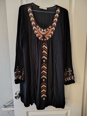 Embroidered Black Peasant Tunic with Orange & Cream Accents
